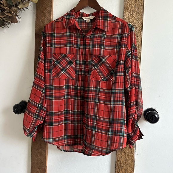 Y2K Decree Plaid Blouse Semi-Sheer Red Teal Yellow Button Front Women’s Medium - Picture 9 of 16